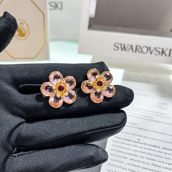 Swarovski Florere Stud Earrings Flower Pink Gold Tone Plated 5656635