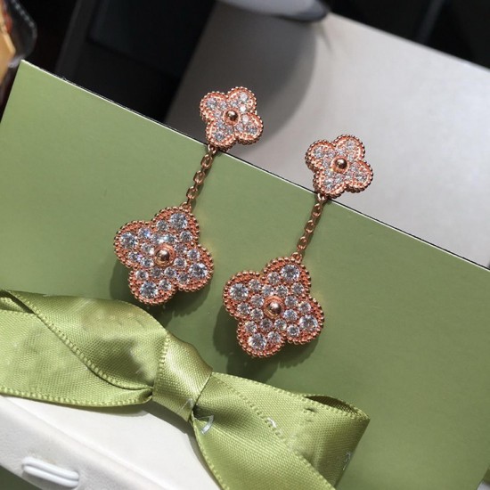 Van Cleef & Arpels Sweet Alhambra Of Rose Gold VCA Earrings Silver/Gold 2 Motifs