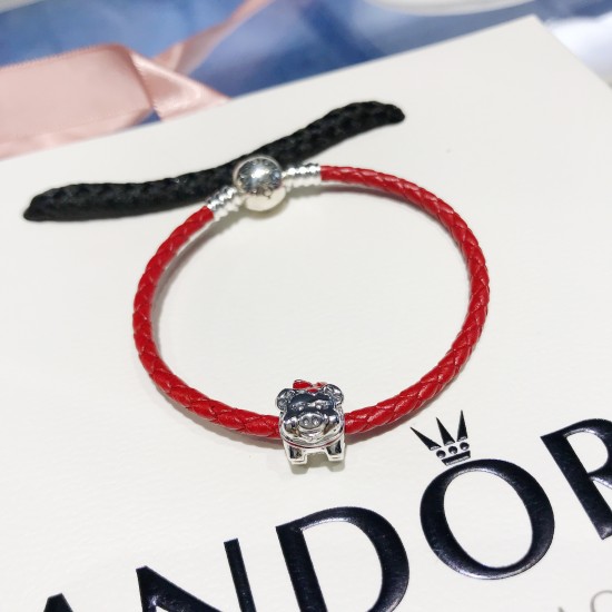 Pandora Silver Pig Red Rope Bangle