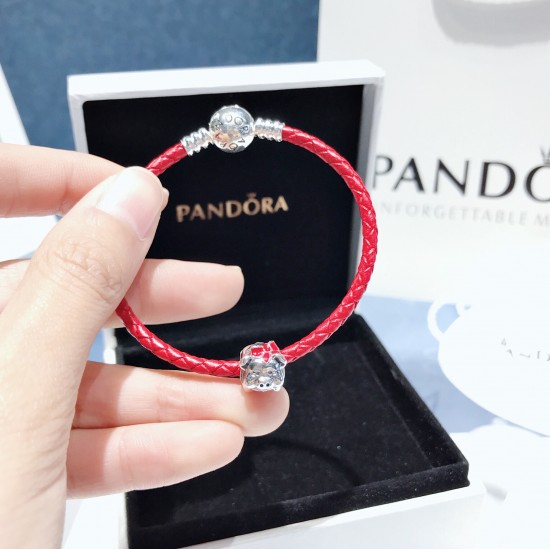 Pandora Silver Pig Red Rope Bangle