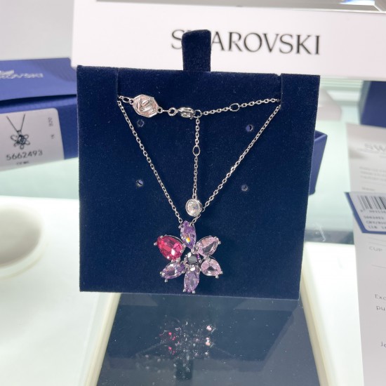 Swarovski Gema Pendant 5662493 Mixed Cuts Flower Pink Rhodium Plated Necklace