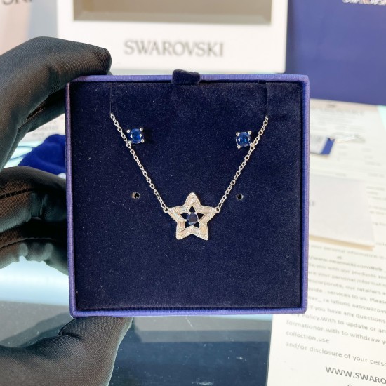 Swarovski Stella Set Pendant 5646762 Mixed Cuts Star Blue Rhodium Plated Necklace