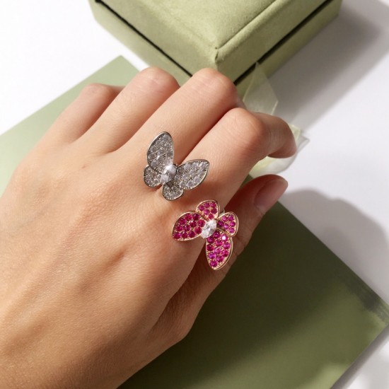 Van Cleef & Arpels Two Butterfly Of Gold/Silver/Green/Pink VCA Rings 4 Colors